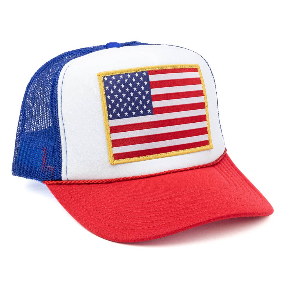 American Flag Patch Trucker Hat: Red White &amp; Blue