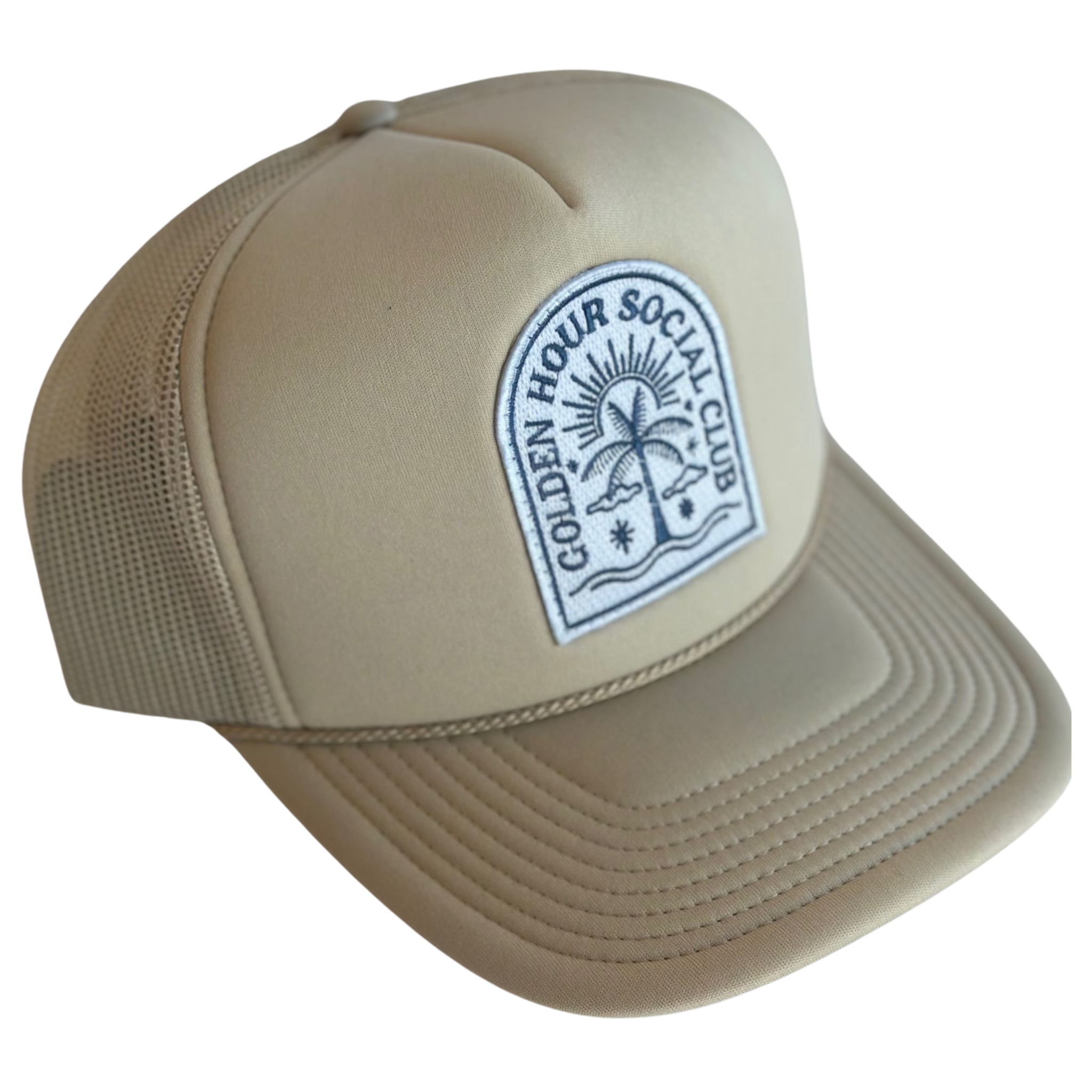 Golden Hour Social Club Patch Trucker Hat: Tan