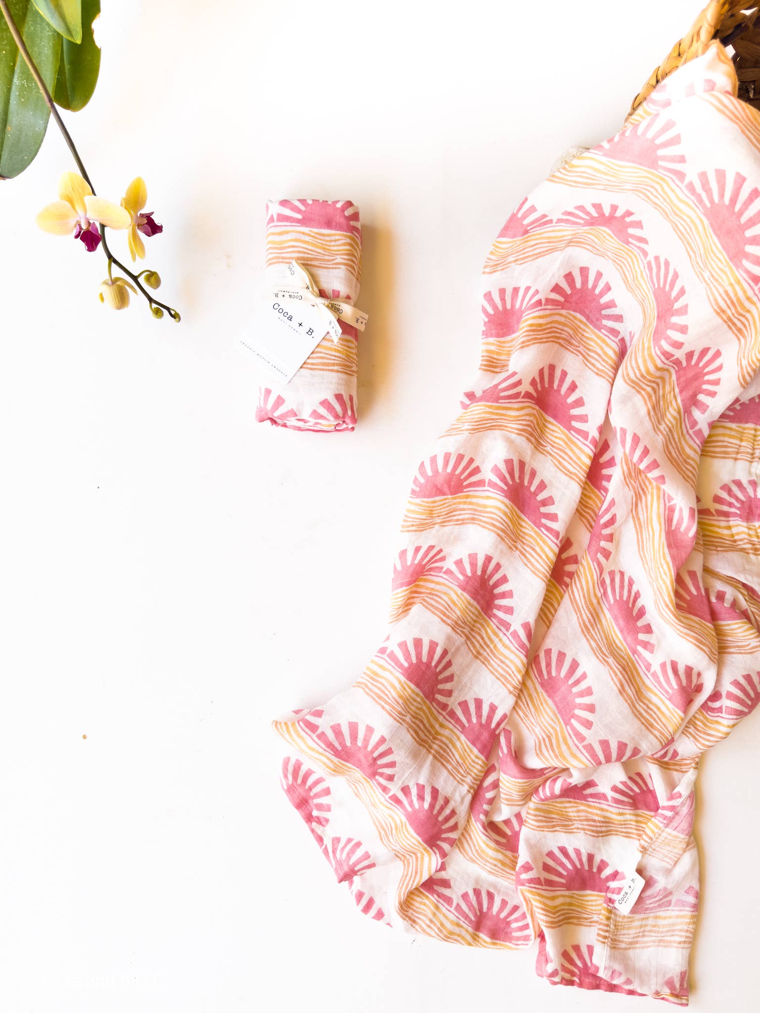Pink Sun and Wave Organic Bamboo + Cotton Swaddle Blanket