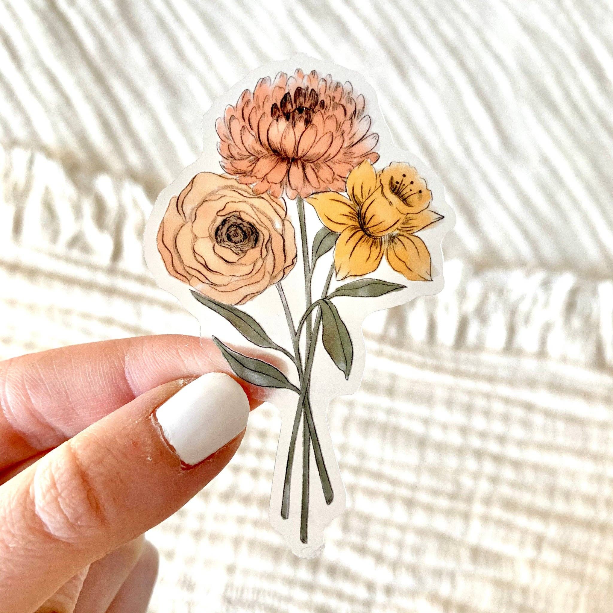 Clear Daffodil and Chrysanthemum Sticker, 3x2in.