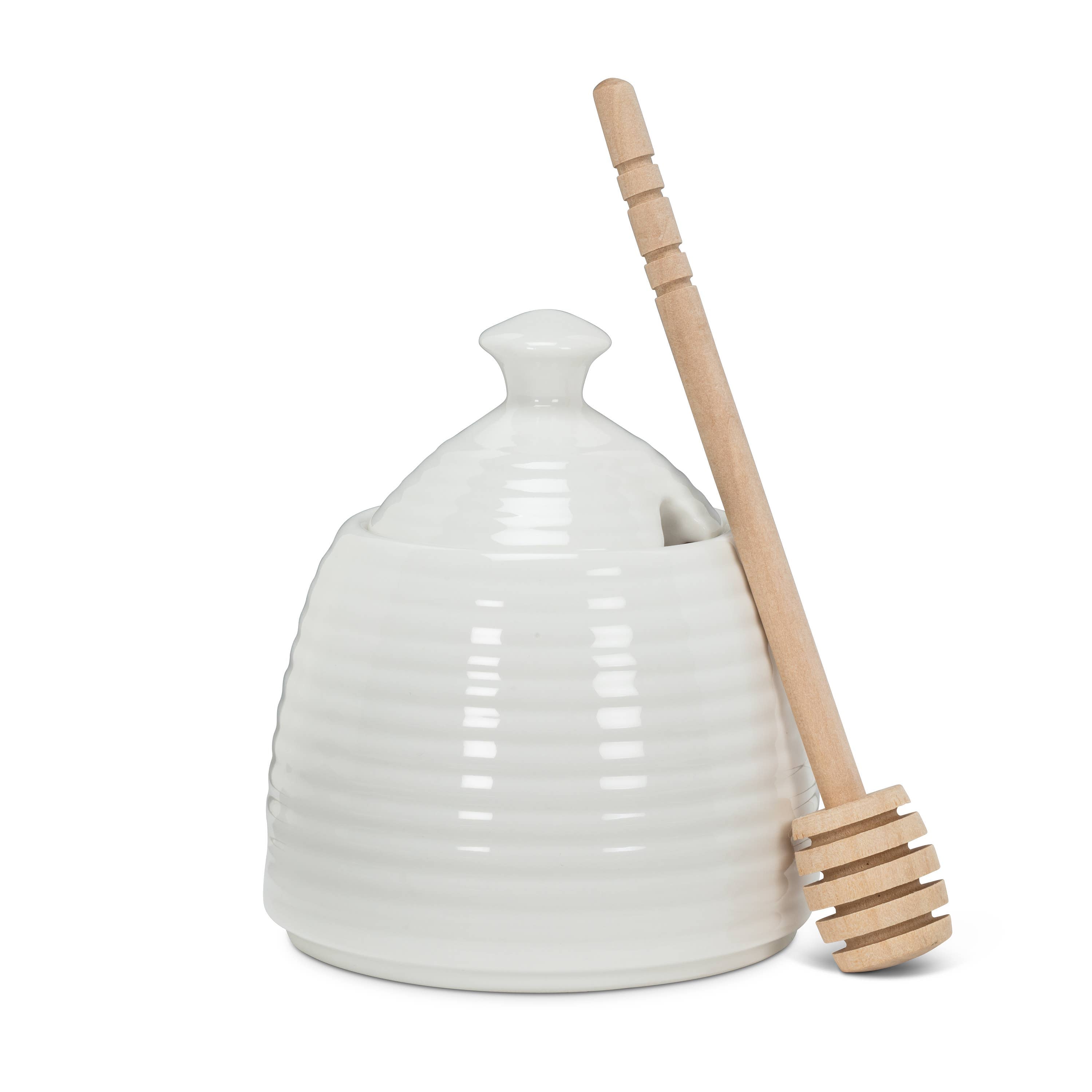 Beehive Honey Pot W/Dauber-Wht-5"H