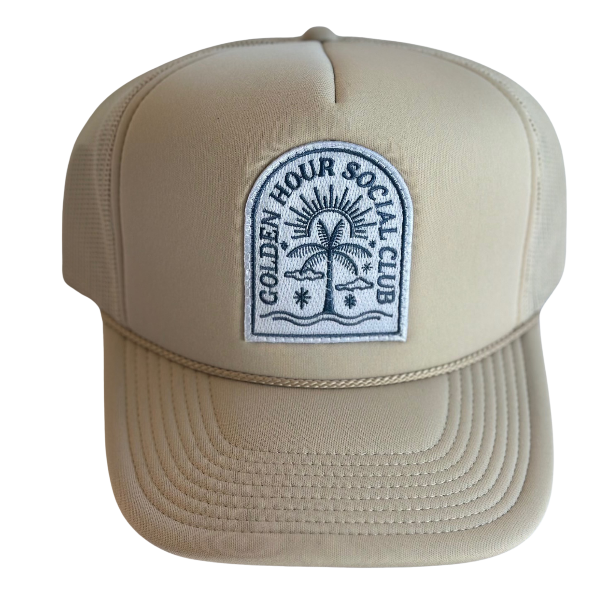 Golden Hour Social Club Patch Trucker Hat: Tan