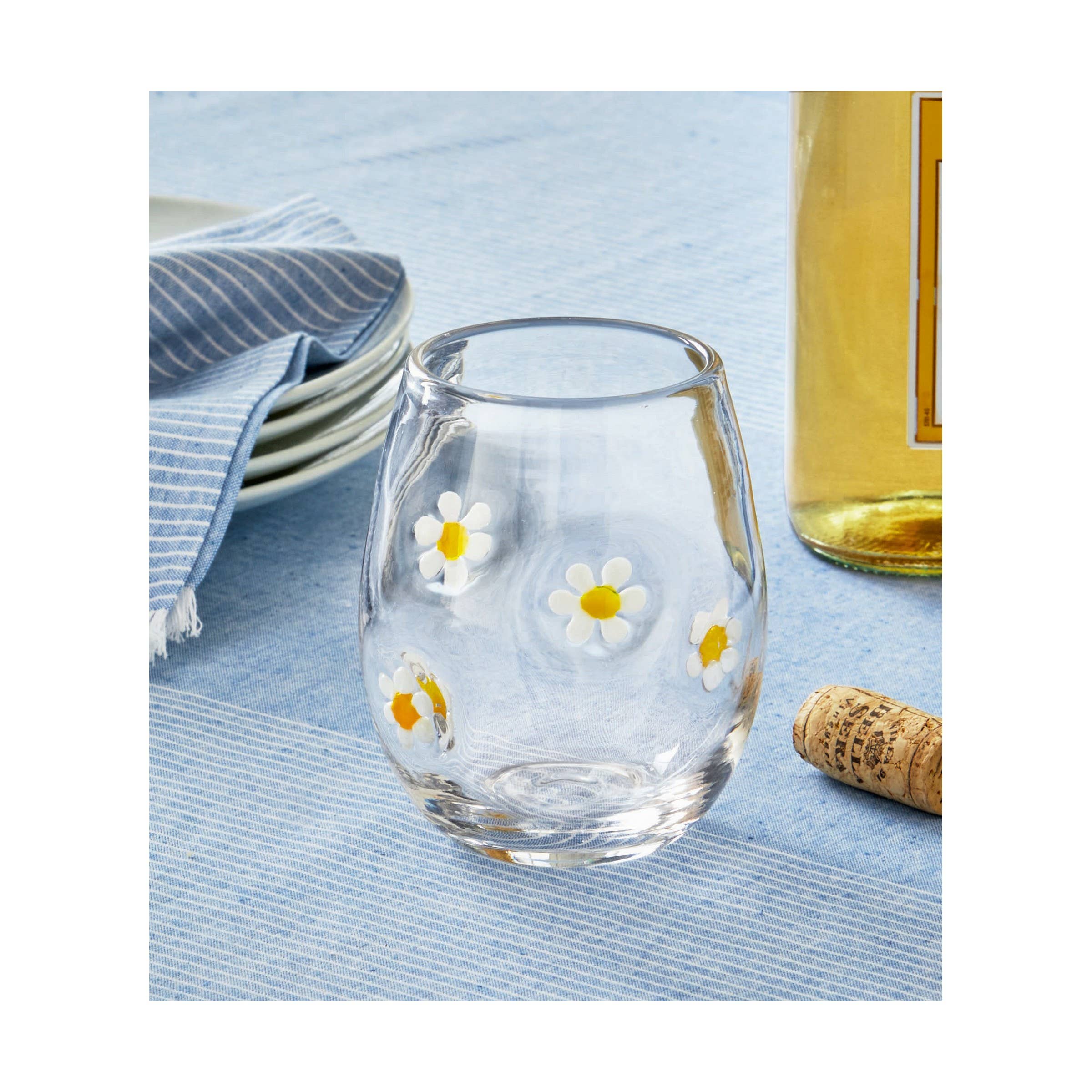 Flower Stemless Wine Glass - White Multi: White Multi / Glass / Floral