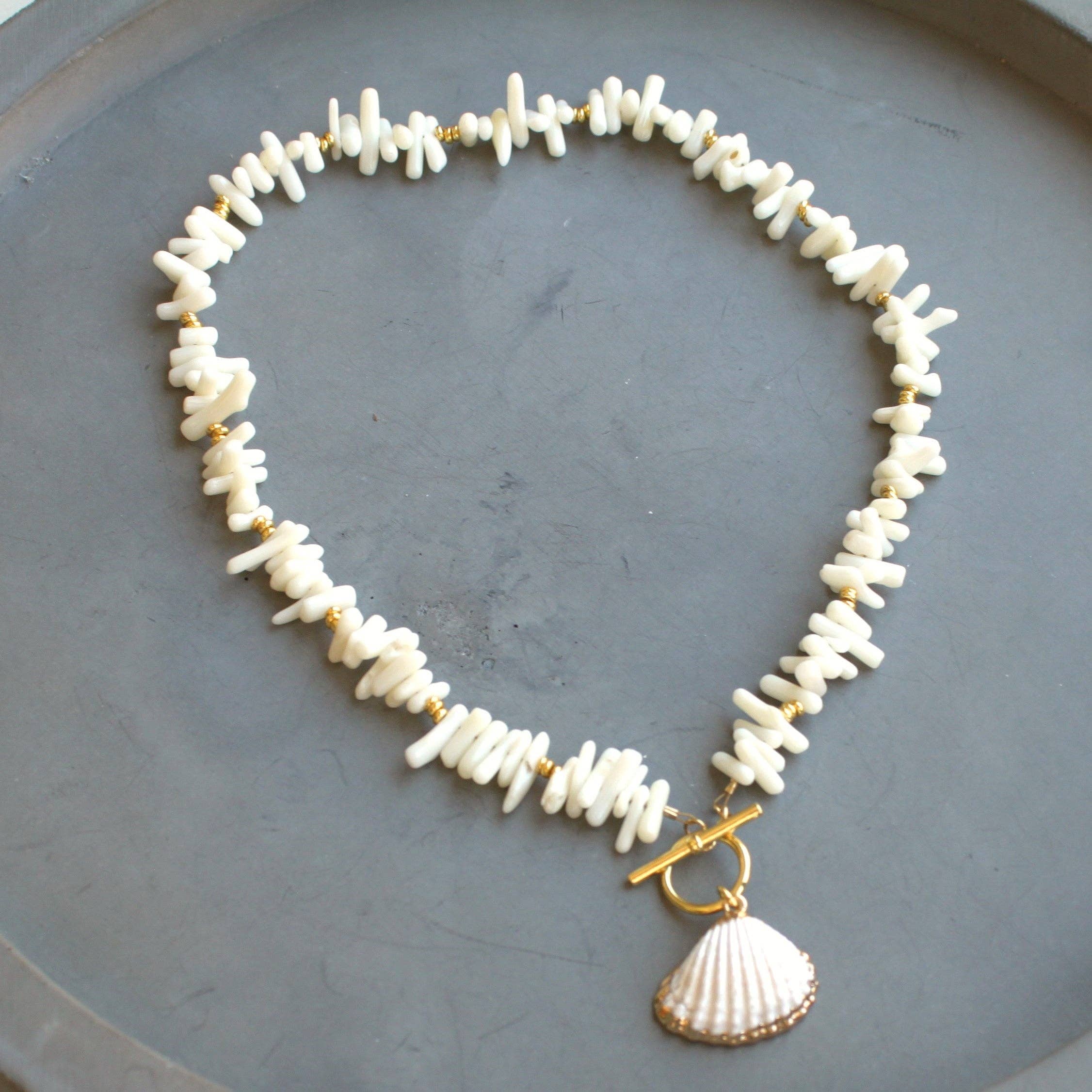 Coastal Shell Charm Necklace – White Coral Chips &amp; Gold Accents: 16 inch