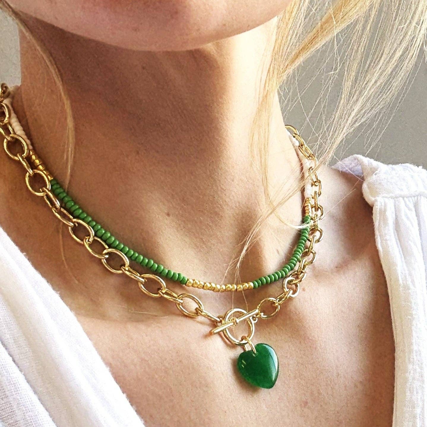 Green Heart Toggle Necklace: 17 inch
