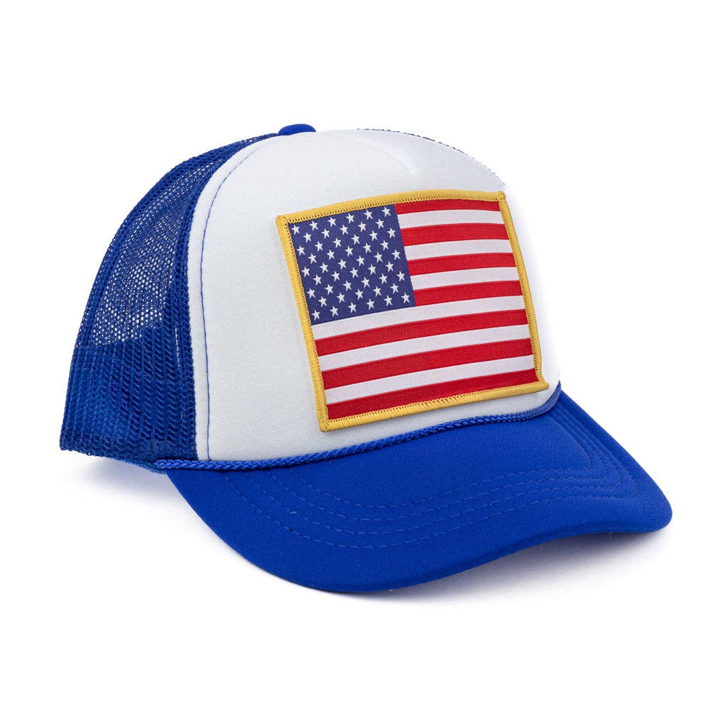 Kids American Flag Trucker Hat: Royal/White