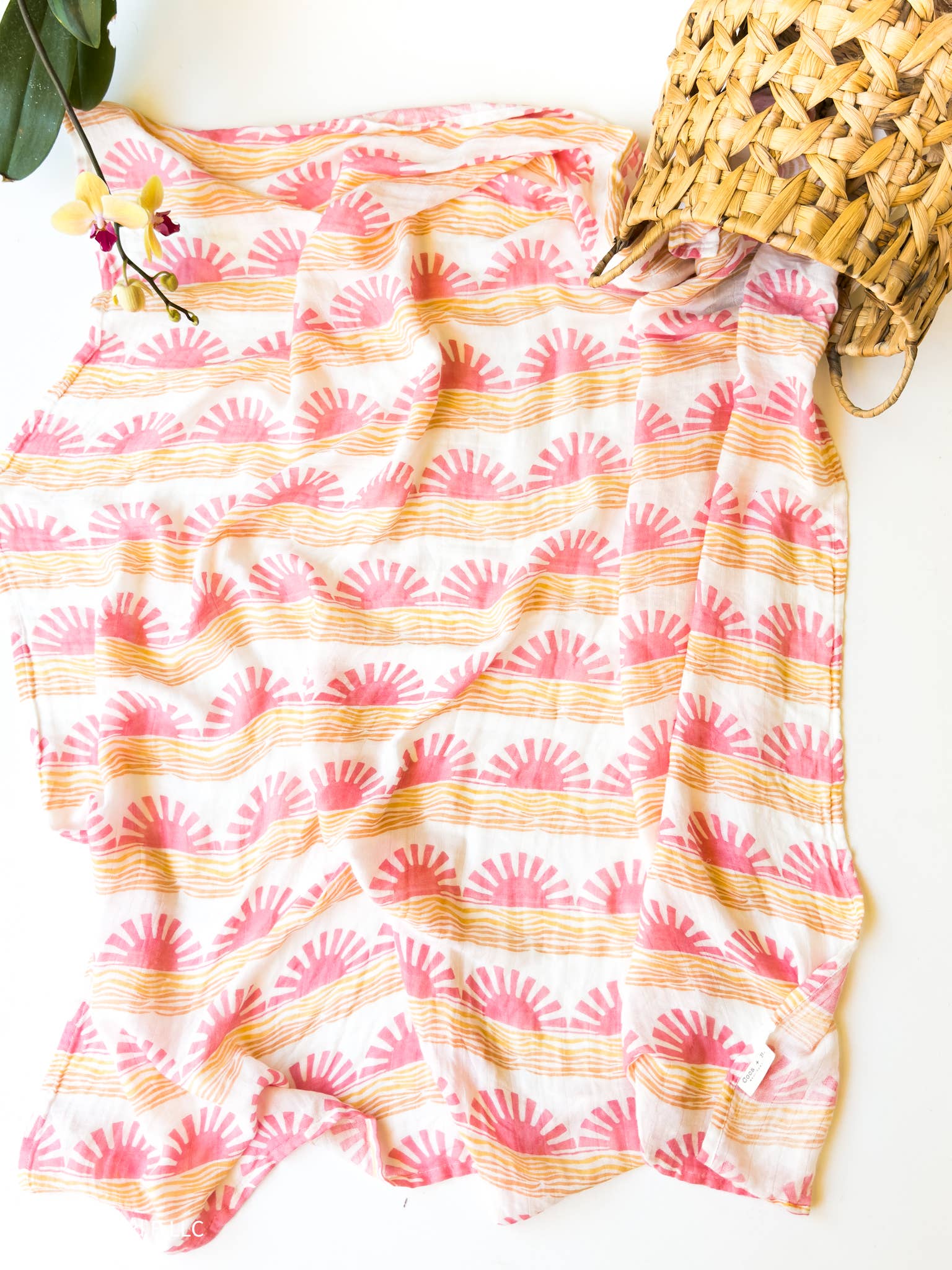 Pink Sun and Wave Organic Bamboo + Cotton Swaddle Blanket