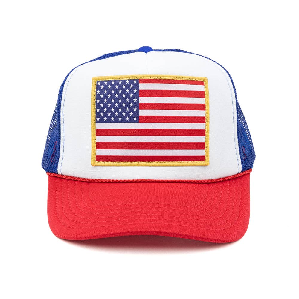 American Flag Patch Trucker Hat: Red White &amp; Blue