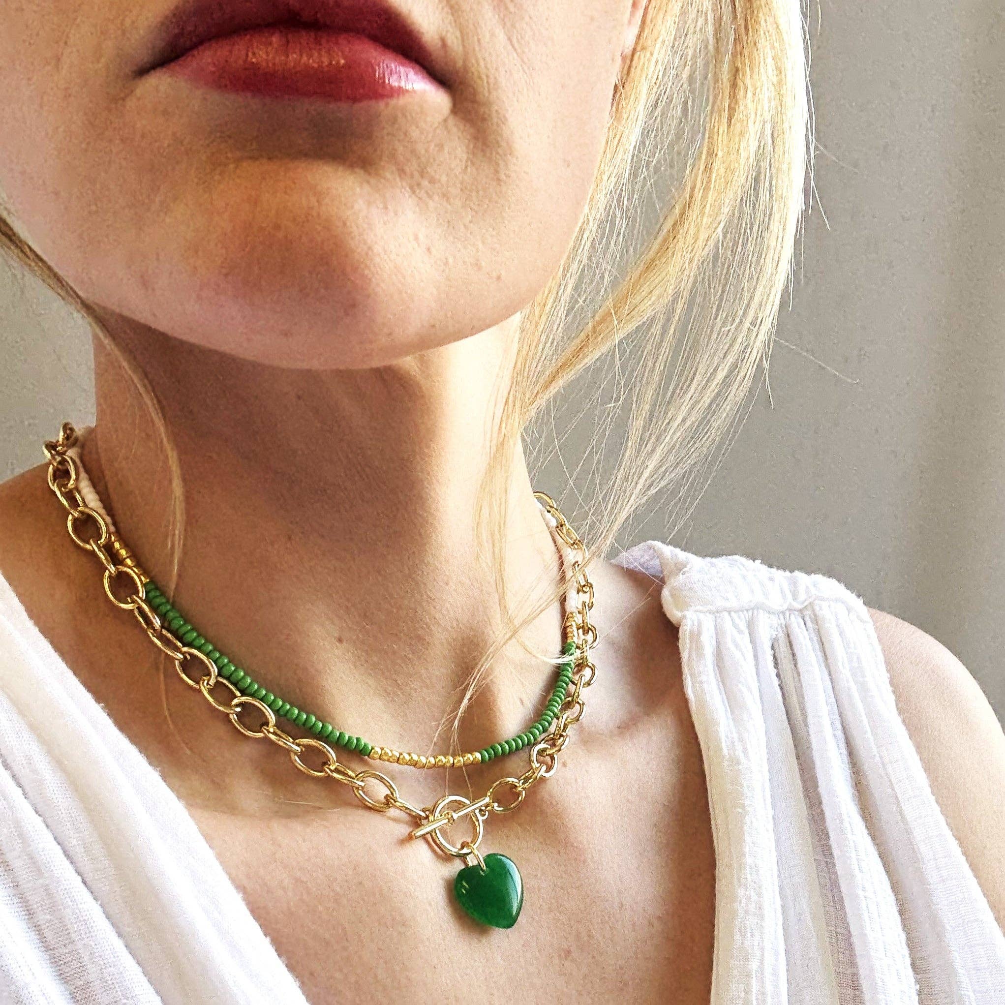 Green Heart Toggle Necklace: 17 inch