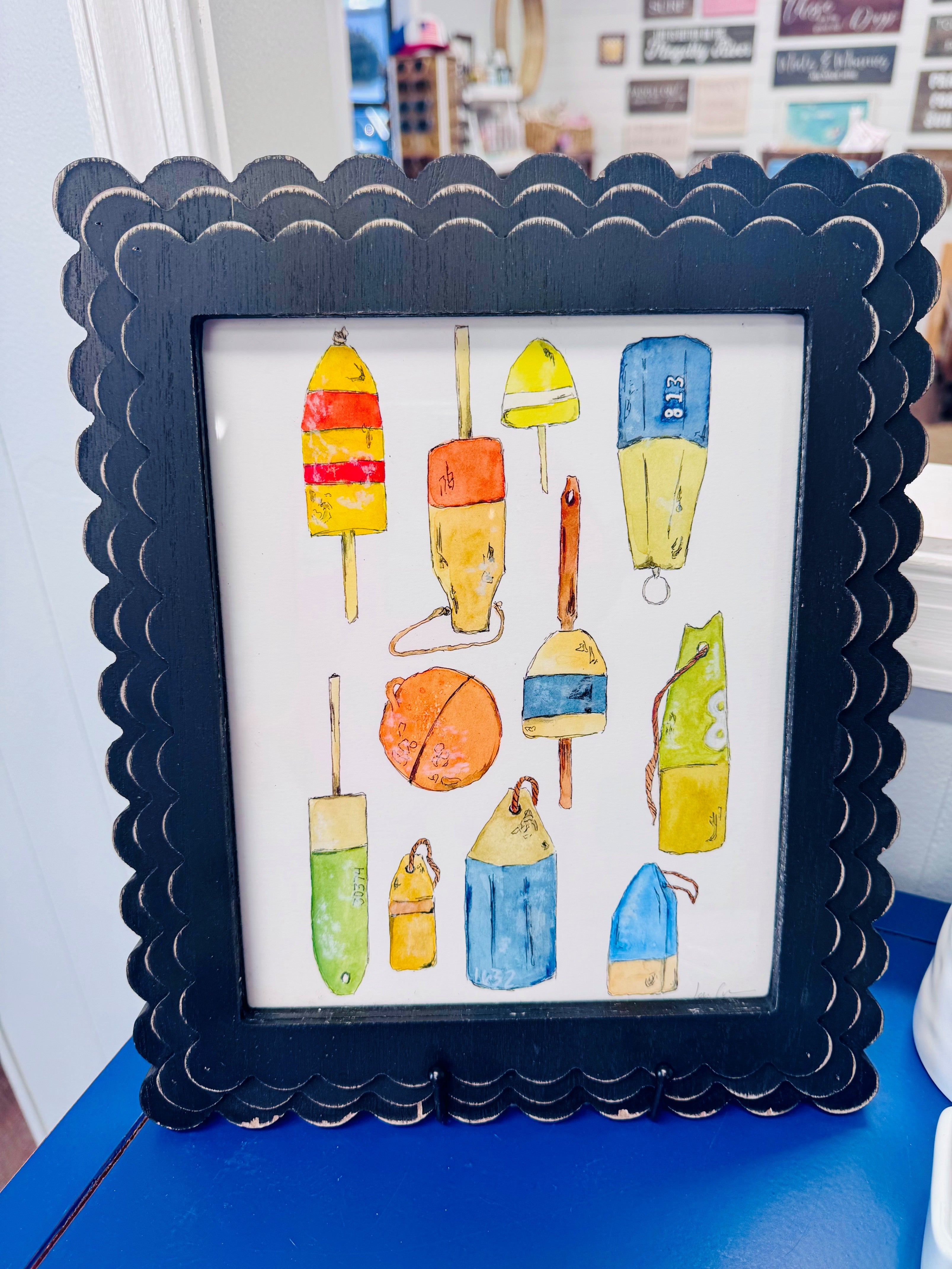 Vintage Buoy Art Print in Black Scallop Frame