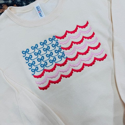 Embroidered USA Bow and Scallop Crewneck Sweatshirt: Sweet Cream / 2XL