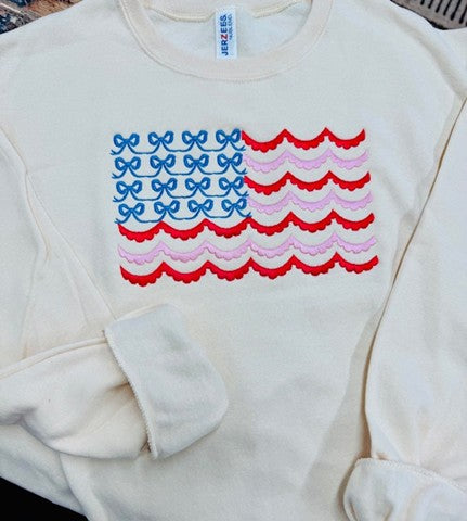 Embroidered USA Bow and Scallop Crewneck Sweatshirt: Sweet Cream / 2XL