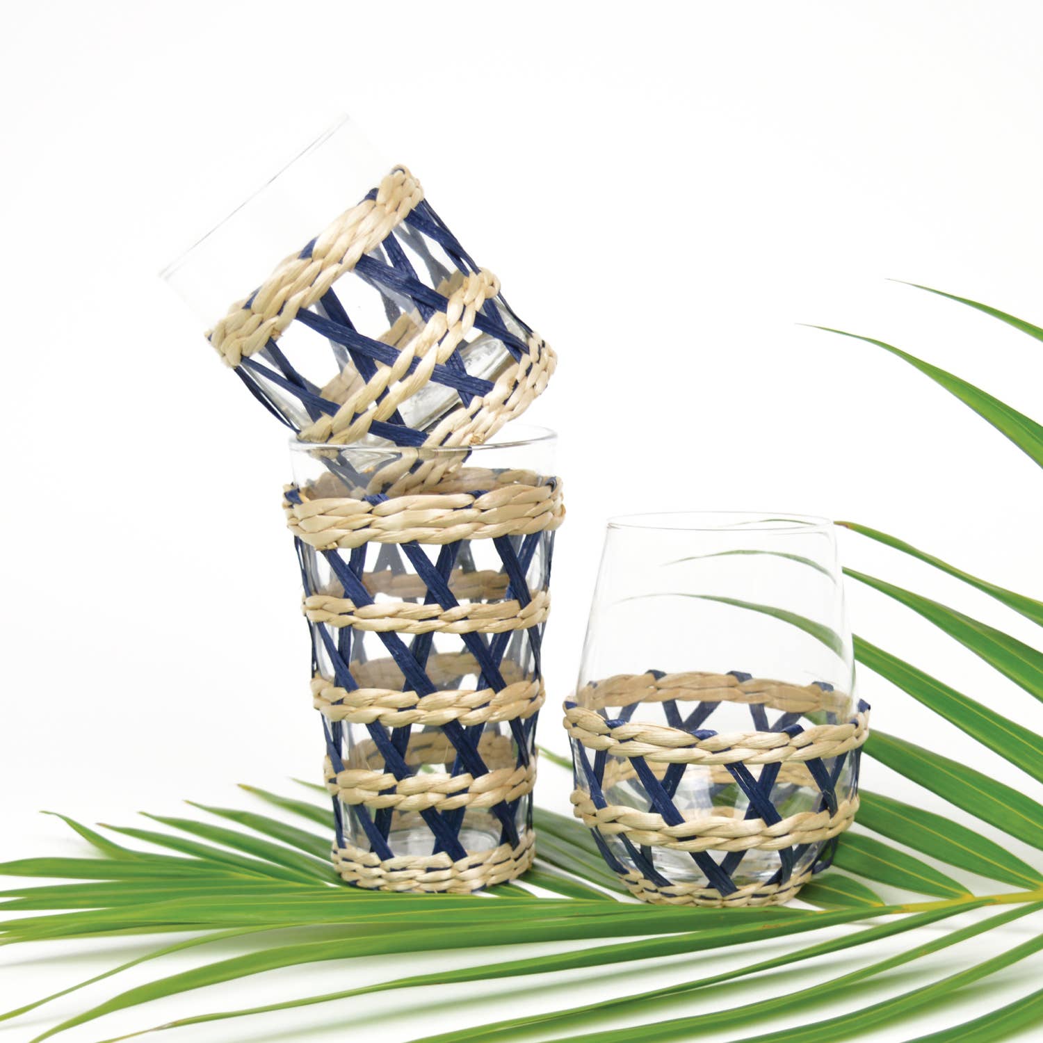 Navy Rattan Old Fashioned Glass