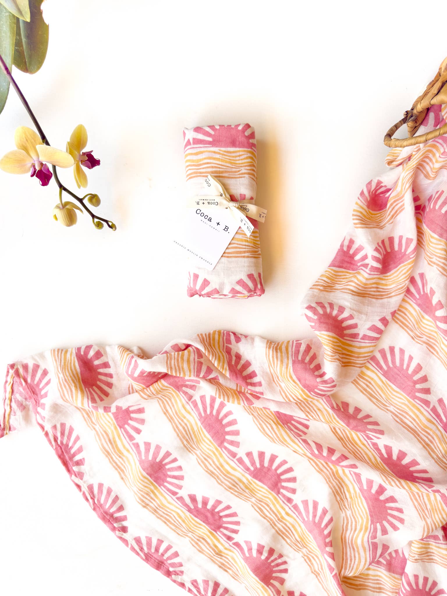 Pink Sun and Wave Organic Bamboo + Cotton Swaddle Blanket