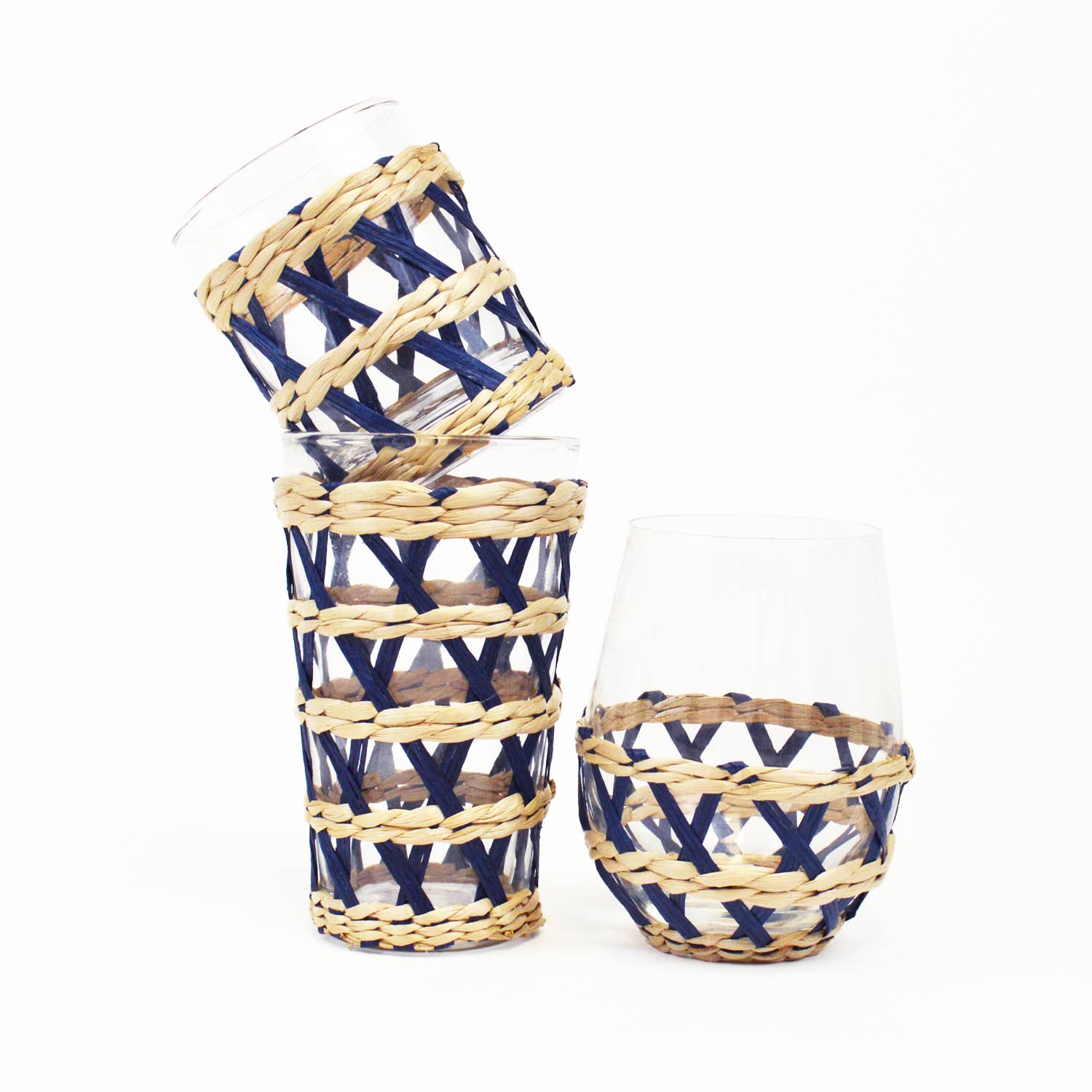 Navy Rattan Old Fashioned Glass
