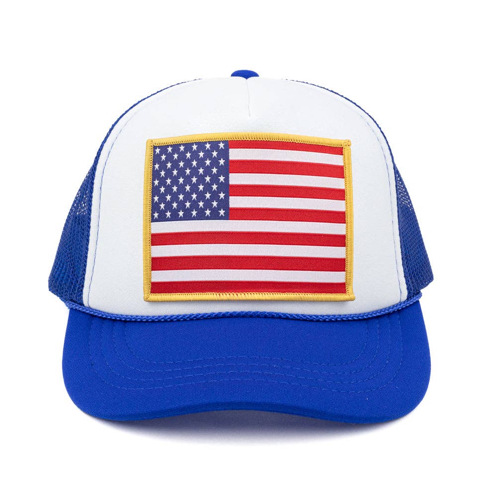 Kids American Flag Trucker Hat: Royal/White