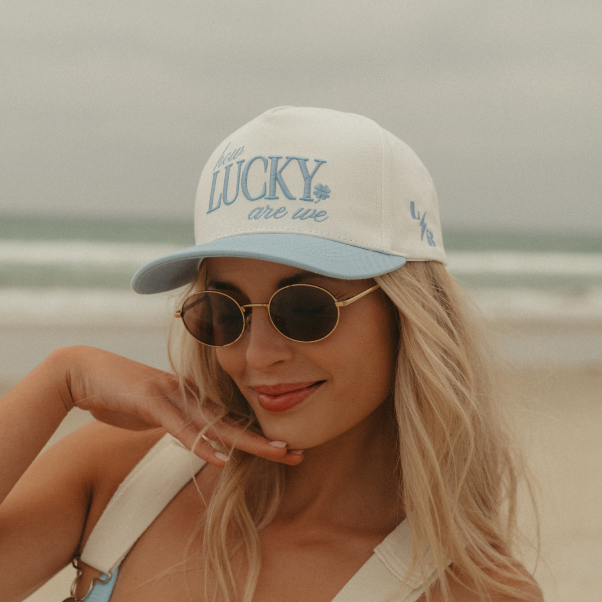 How Lucky are We Cotton Twill Hat: Ocean Blue/Natural
