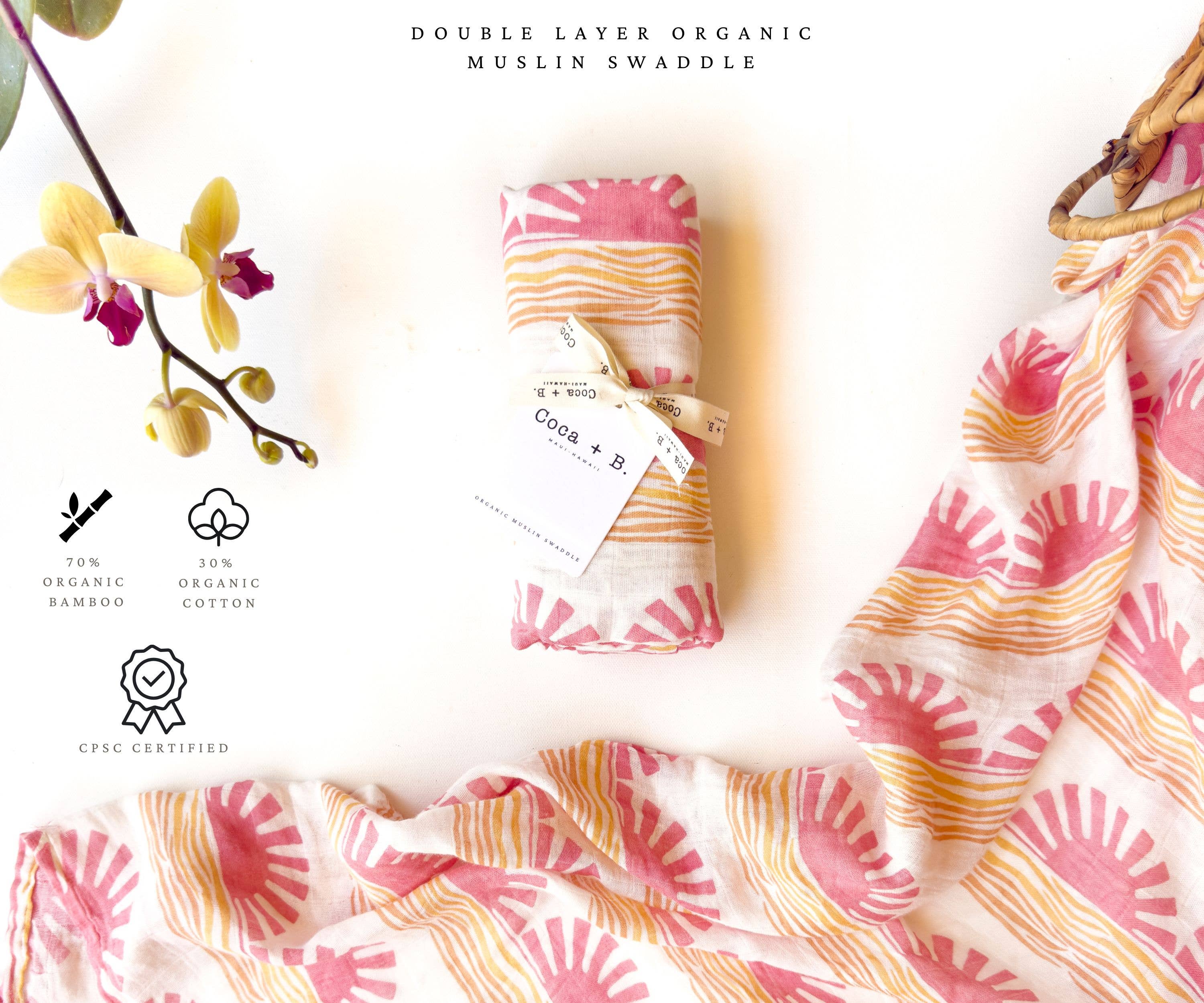 Pink Sun and Wave Organic Bamboo + Cotton Swaddle Blanket
