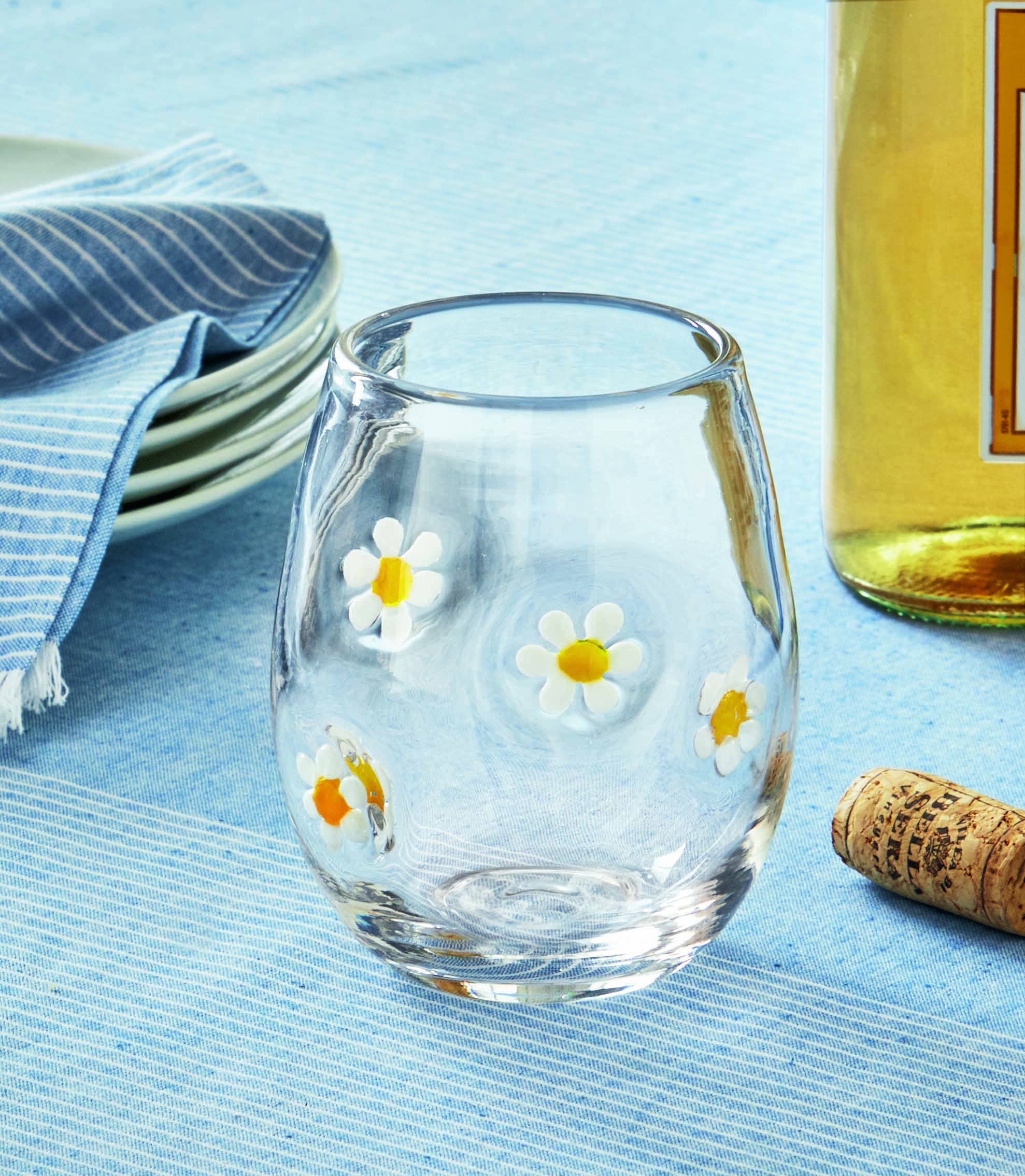 Flower Stemless Wine Glass - White Multi: White Multi / Glass / Floral