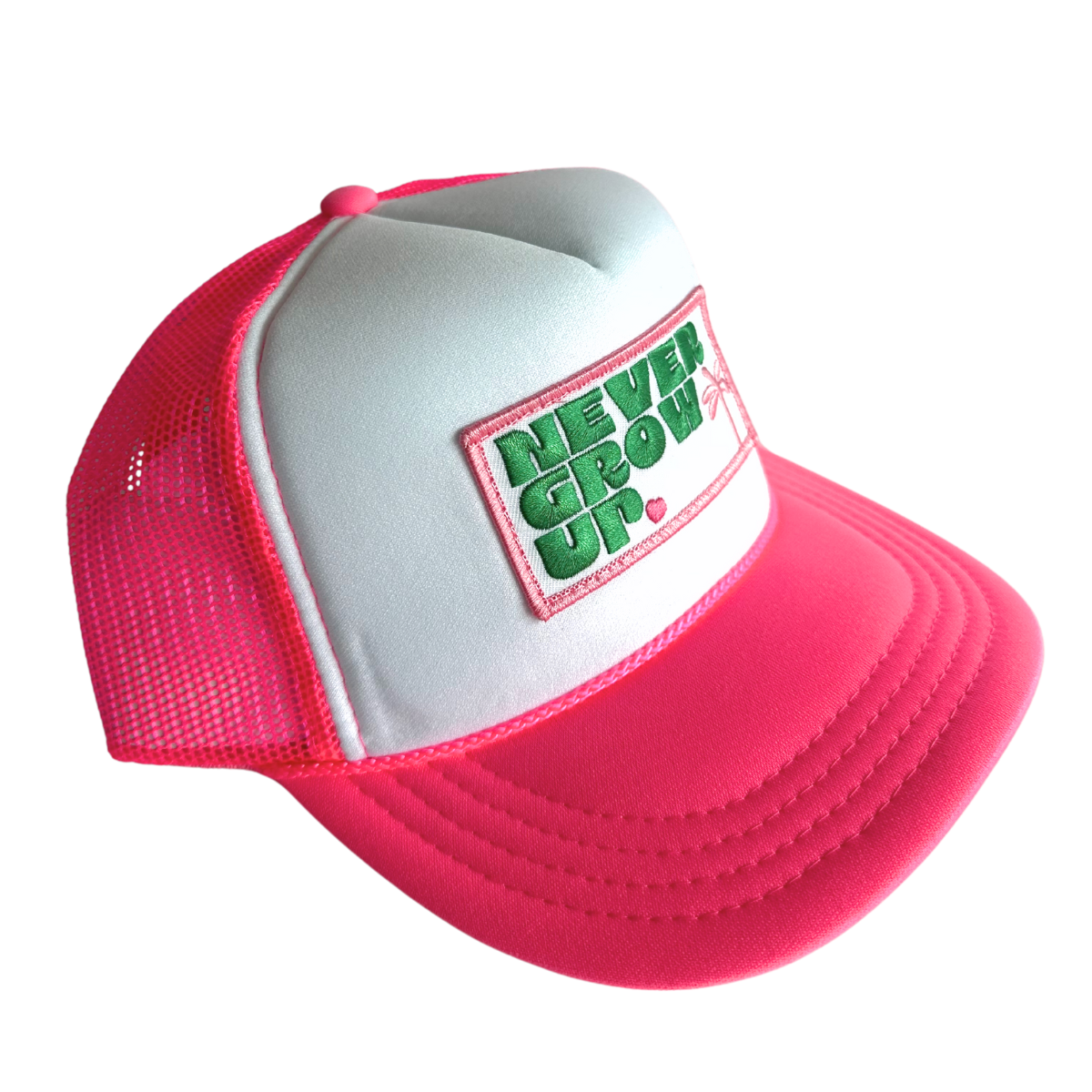 Never Grow Up Kids Trucker Hat: Pink/White