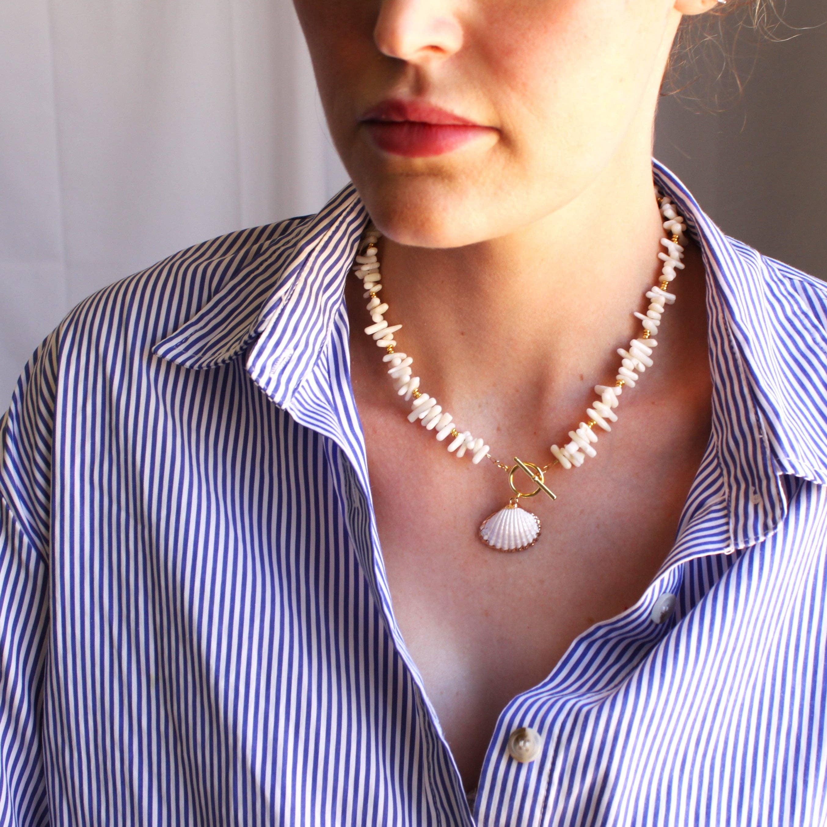 Coastal Shell Charm Necklace – White Coral Chips &amp; Gold Accents: 16 inch