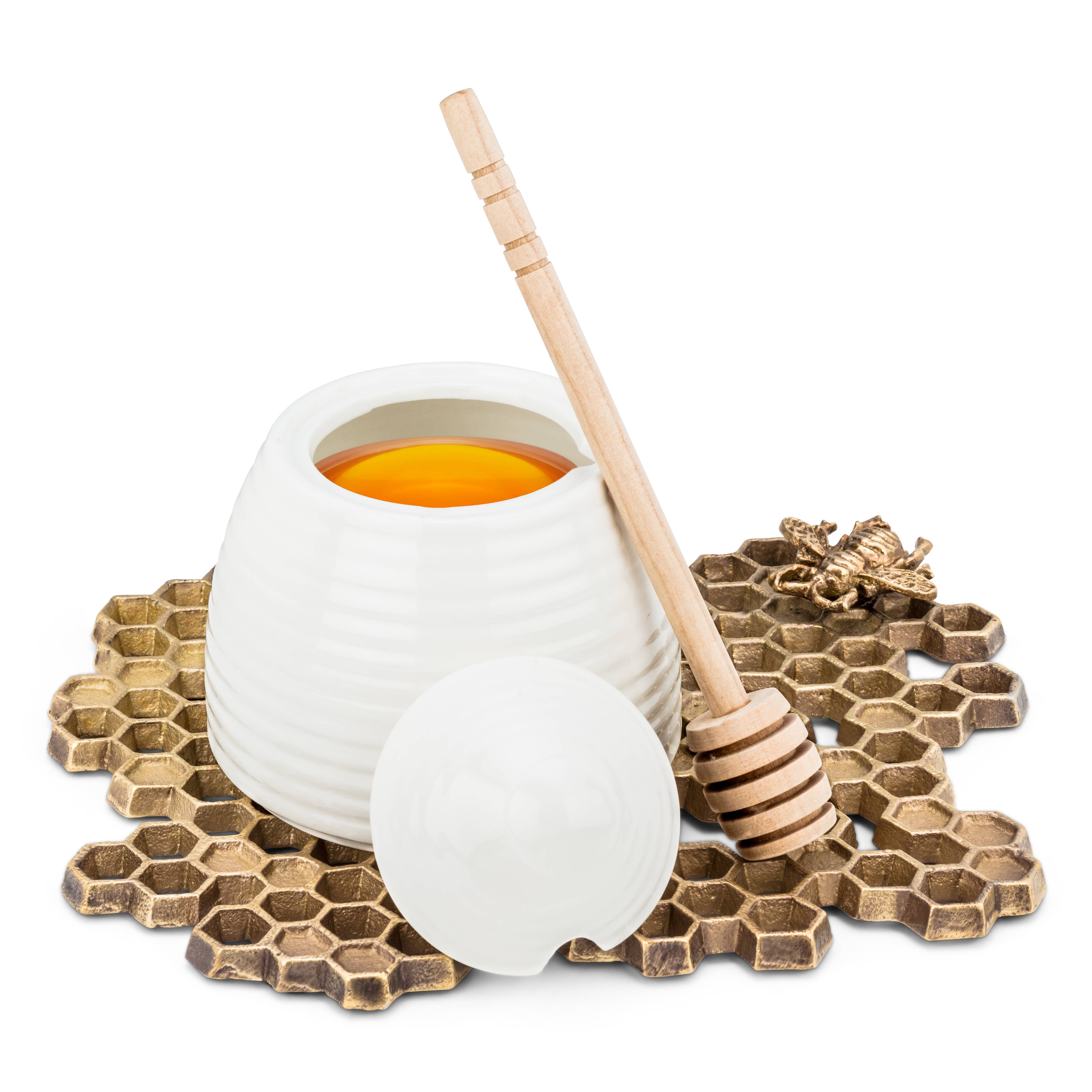Beehive Honey Pot W/Dauber-Wht-5"H