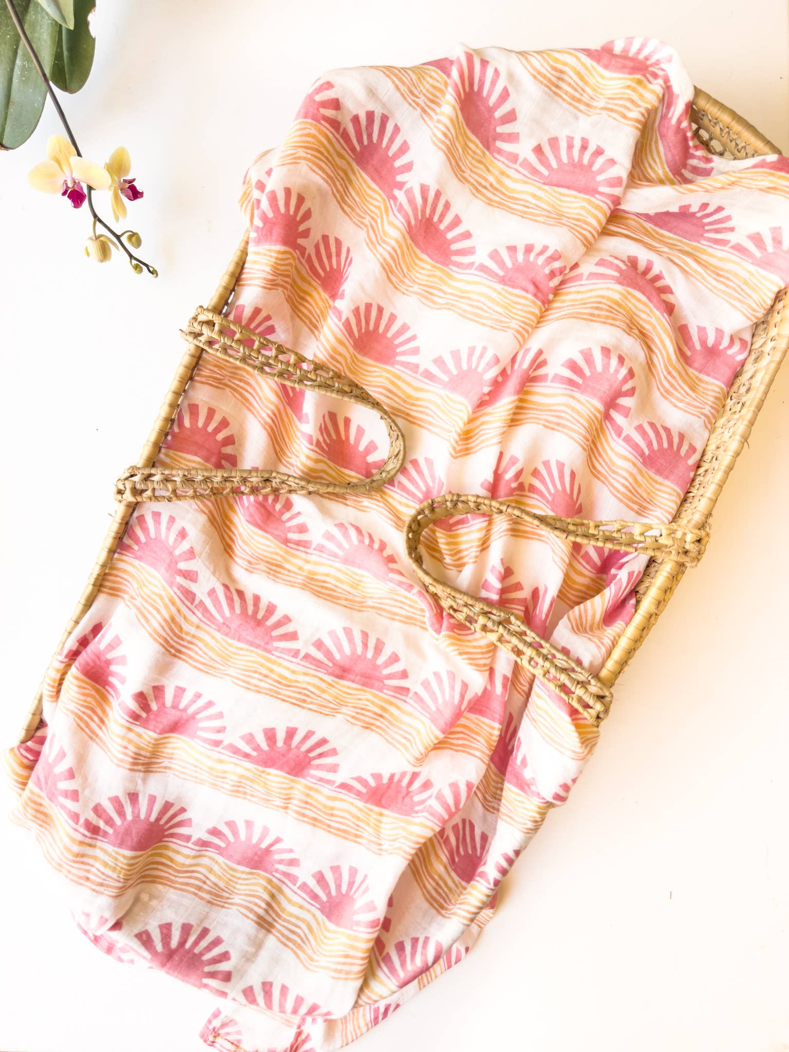 Pink Sun and Wave Organic Bamboo + Cotton Swaddle Blanket