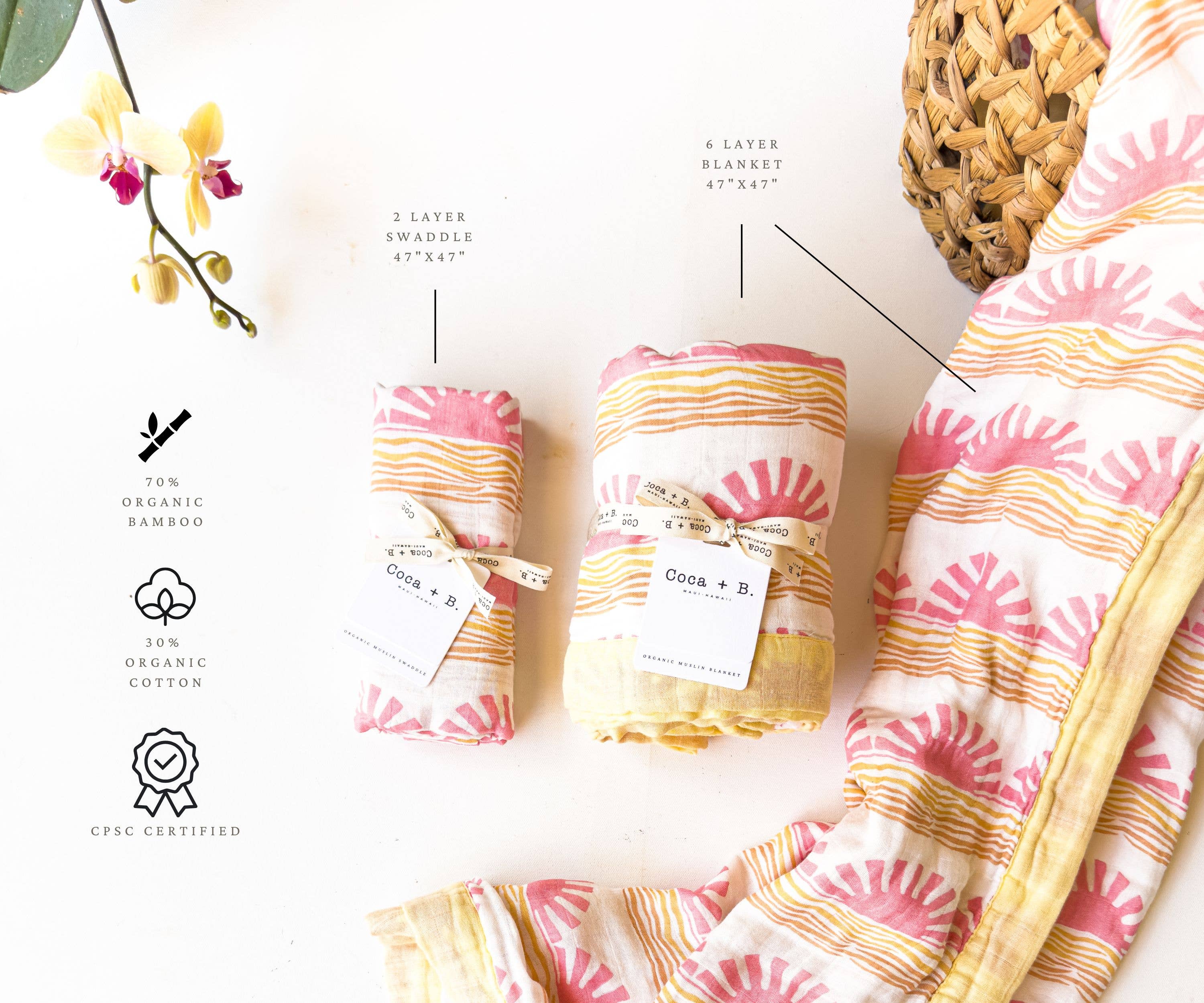 Pink Sun and Wave Organic Bamboo + Cotton Swaddle Blanket