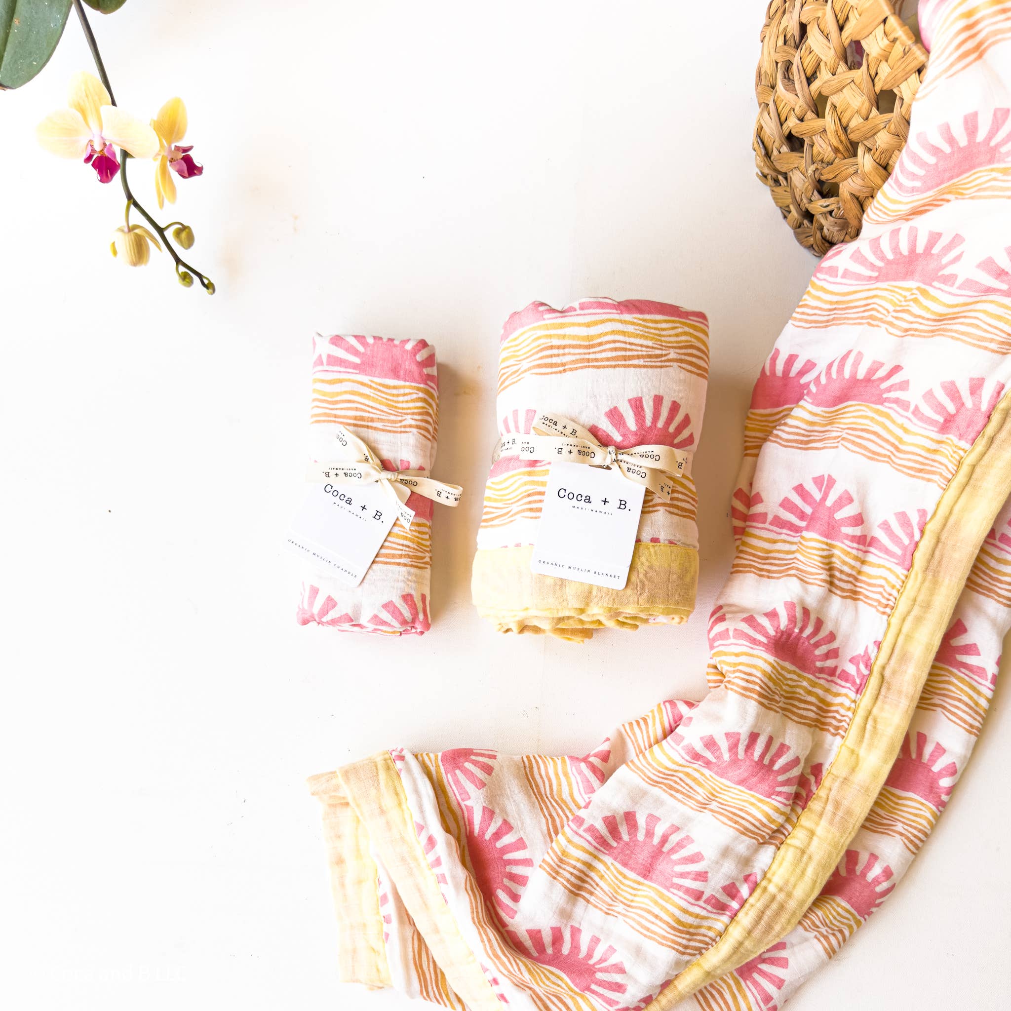 Pink Sun and Wave Organic Bamboo + Cotton Swaddle Blanket