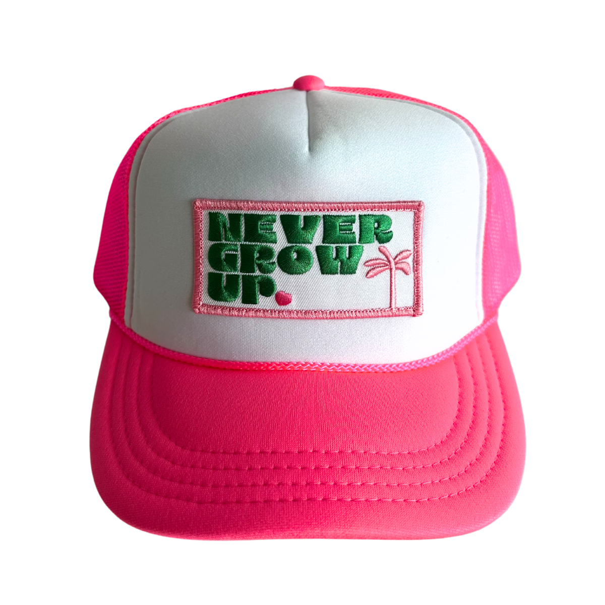 Never Grow Up Kids Trucker Hat: Pink/White